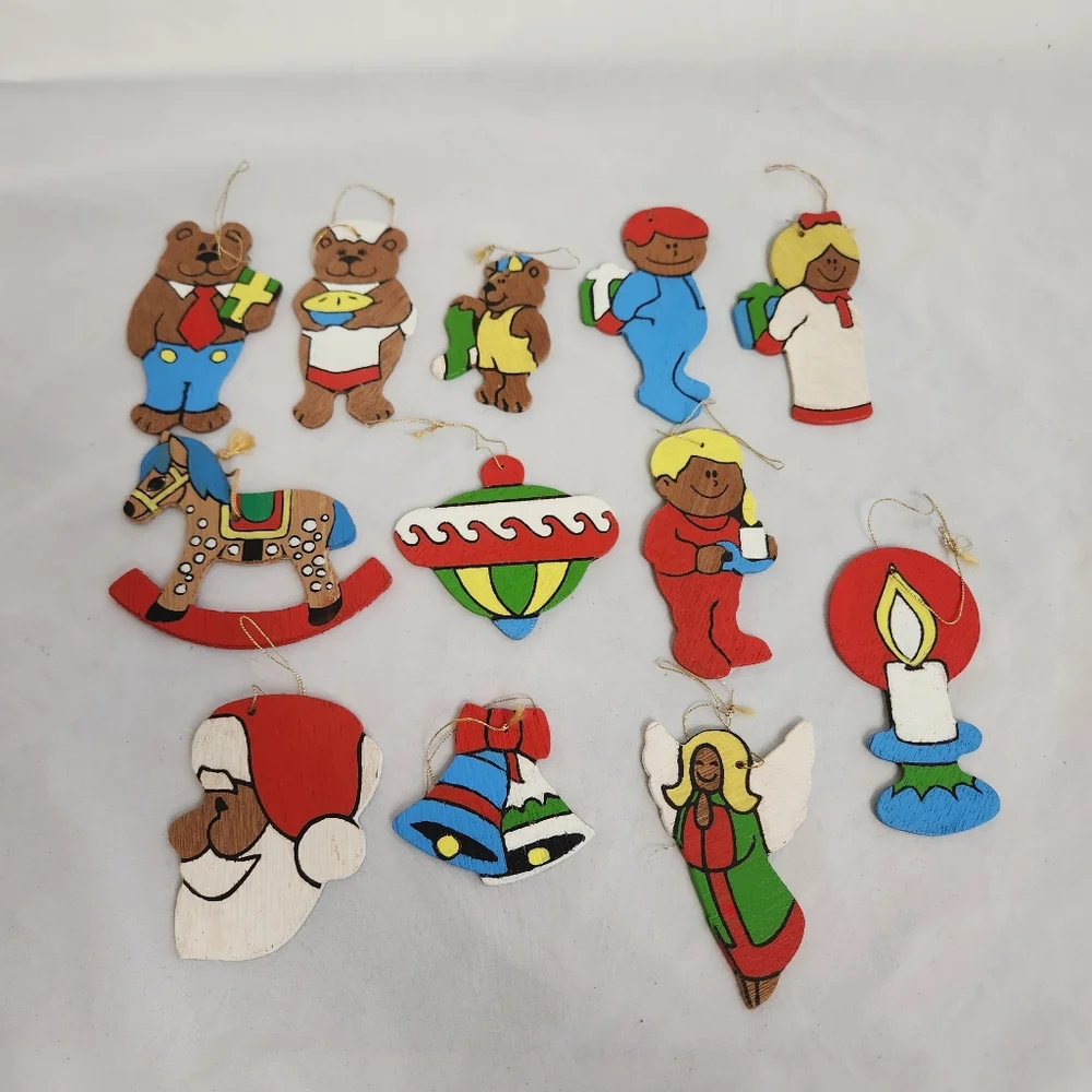 12 Flat Wooden Christmas Ornaments Vtg Bears Kids
